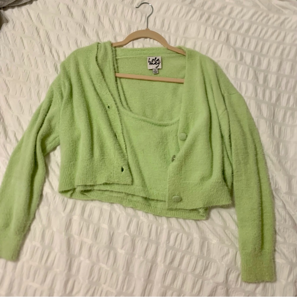 Two piece Fuzzy green cardigan and tank top set
